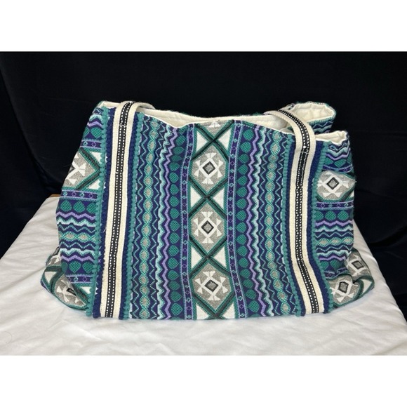 Large Woven Aztec Tote Bag Boho Purse -Blue Green Purple Southwestern Design - Picture 2 of 14